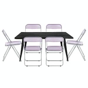 Lawrence 7-Piece Dining Set with Acrylic Foldable Chairs and Rectangular Dining Table with Metal Legs, Magenta