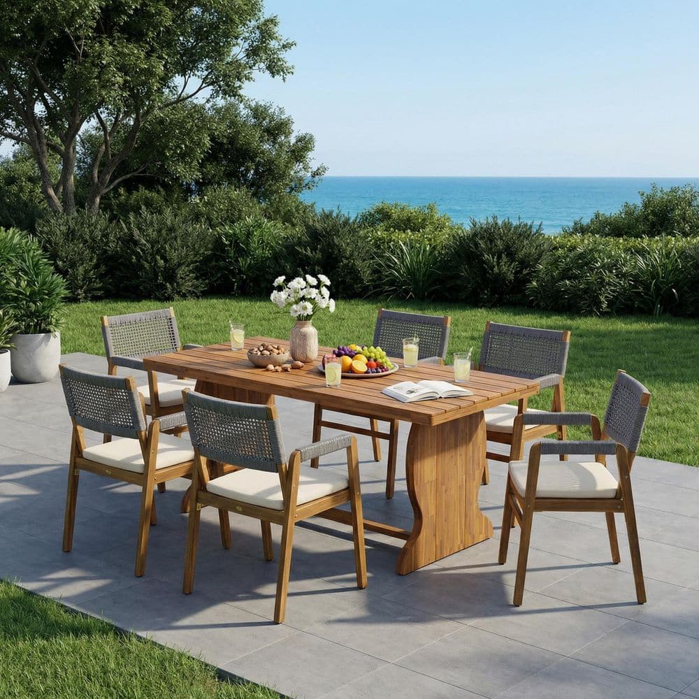 Ria 7-Piece Rectangle Gray Solid Wood Top Outdoor Dining Table Set with Beige Cushion (Seats 6) price history on PriceWatchPro