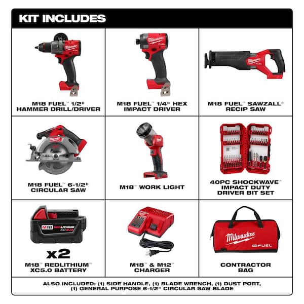 M18 FUEL 18V Li-Ion Cordless Combo Kit (5-Tool) with Two 5.0 Ah Batteries, 1 Charger 1 Tool Bag w/SHOCKWAVE Bit (40-Pc)