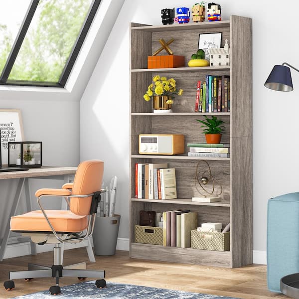 BYBLIGHT Eulas 72 in.Tall Grey Wood 5-Shelf Standard Bookcase and Bookshelves, Floor Standing Library Bookcase for Home