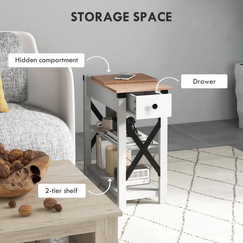 White Wood Side Table with Charging Station and Storage Shelves