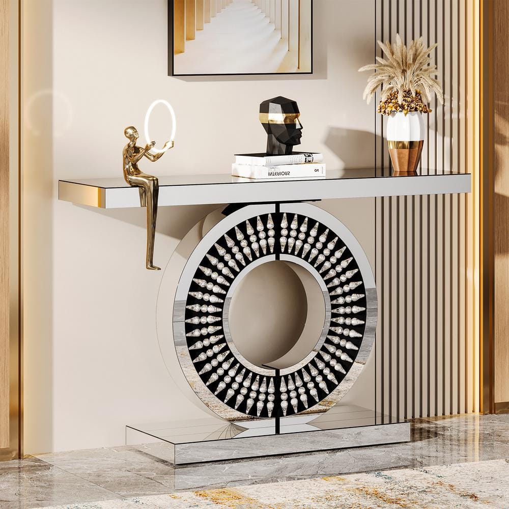 Luxurious Silver Mirrored Console Table with Crystal Inlays