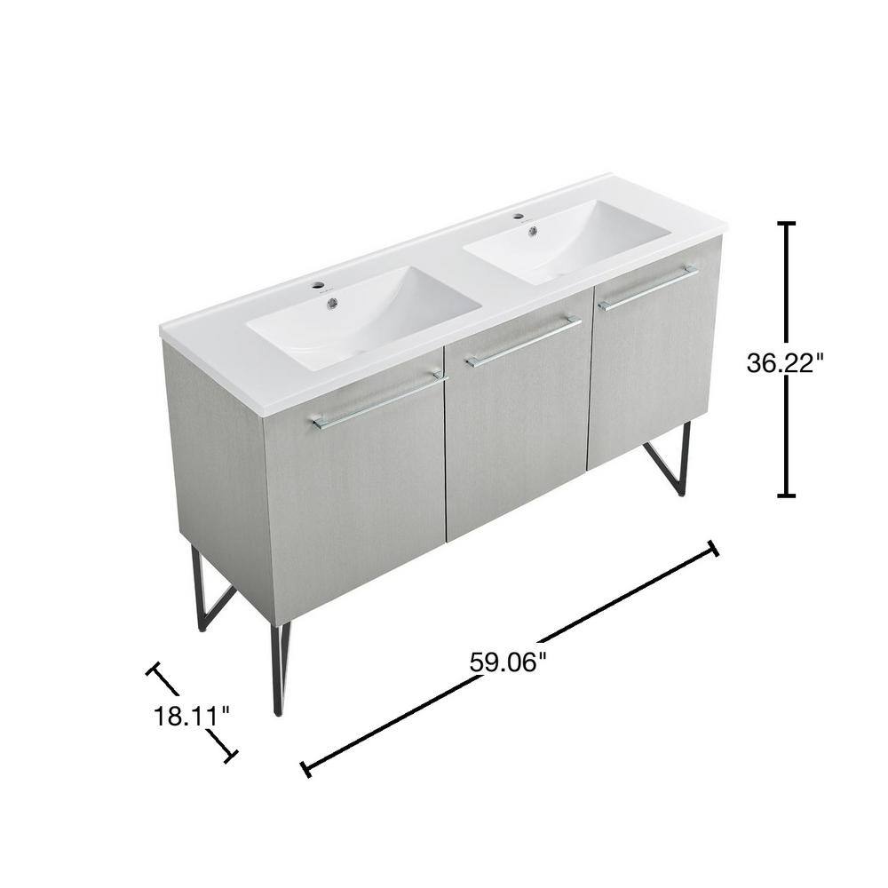 Annecy 60" Double Gray Freestanding Bathroom Vanity with Ceramic Top