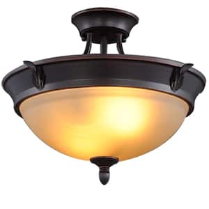 15 in. 2-Light Oil-Rubbed Bronze Semi-Flush Mount with Tea Stained Glass Shade