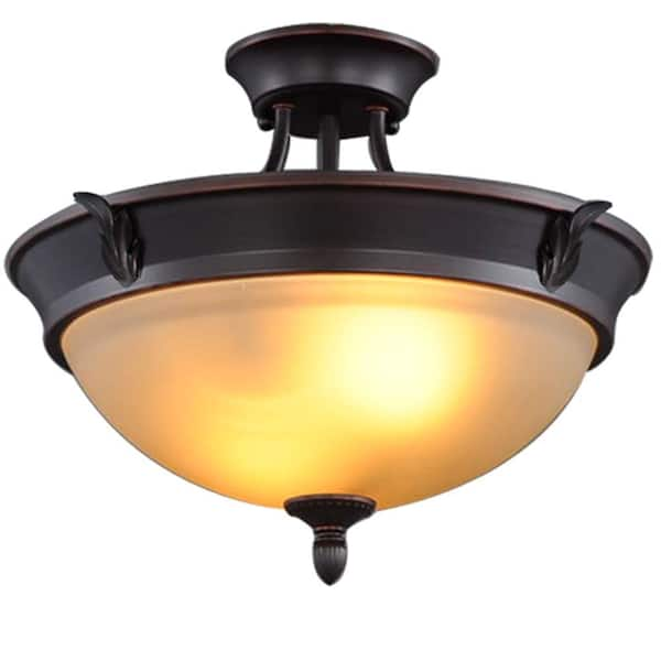 Hampton Bay 15 in. 2-Light Oil-Rubbed Bronze Semi-Flush Mount with Tea Stained Glass Shade