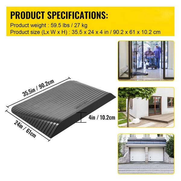 VEVOR Rubber Threshold Ramp, 4" Rise Threshold Ramp Doorway, 3 Channels