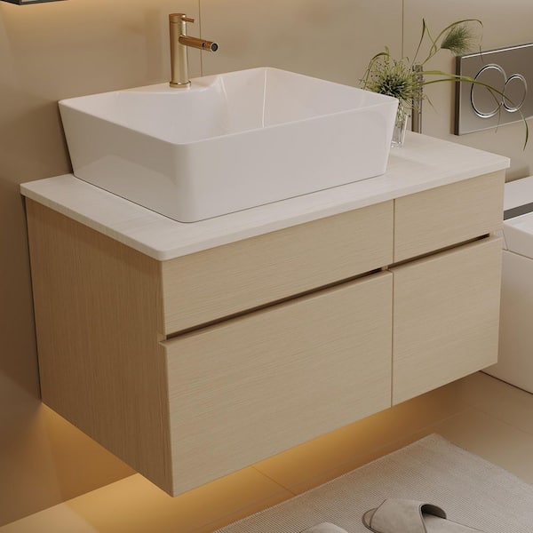 32 in. Single Sink Floating White Wood Bath Vanity with White Cultured Marble Top