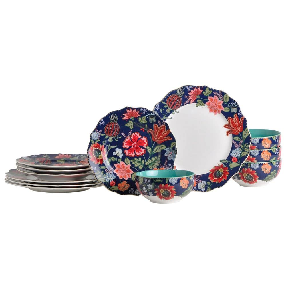 222 Fifth Chintz 12-Piece Porcelain Dinnerware Set, Blue, Round