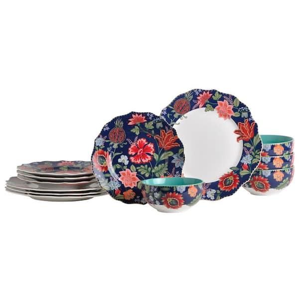 222 Fifth Chintz 12-Piece Porcelain Dinnerware Set, Blue, Round, Service for 4, Microwave and Dishwasher Safe