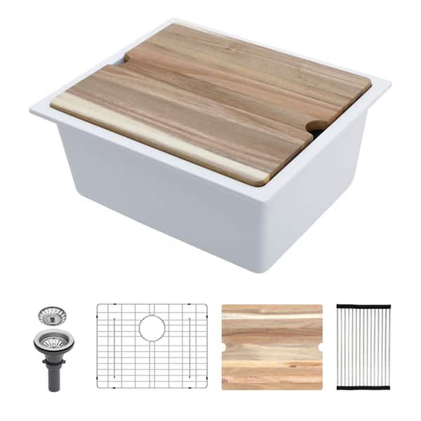 21 in. x 18 in. Undermount Single Bowl White Quartz Kitchen Sink with Bottom Grid, Cutting Board and Drying Roll-up Rack