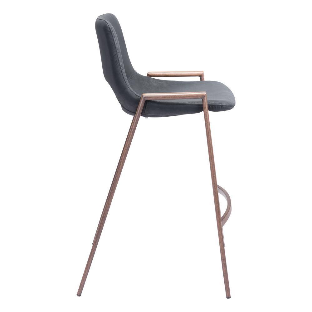 Black Leather and Walnut Wood Counter Stools, Set of 2