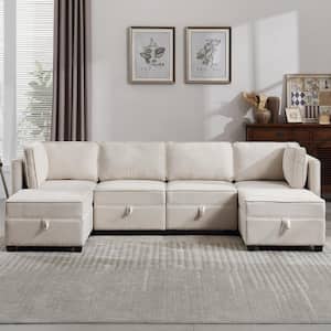 Upholstered Modular Sectional Sofa with Storage Ottoman 6 Piece Beige Linen Living Room Set Couches Set