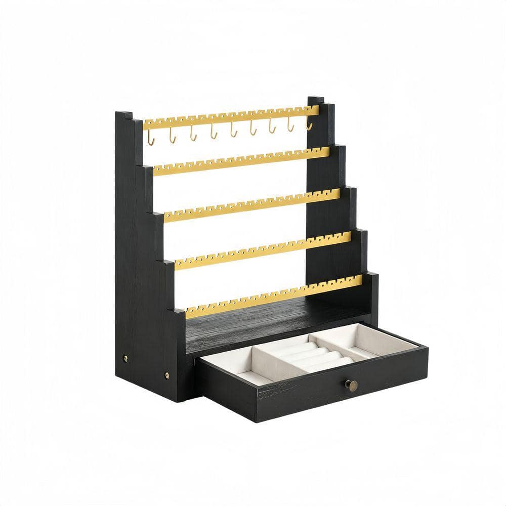 Black Gold 12 in. x 11.5 in. Wooden Jewelry Organizer - Holds Necklaces, Bracelets, Earrings, Rings, and More