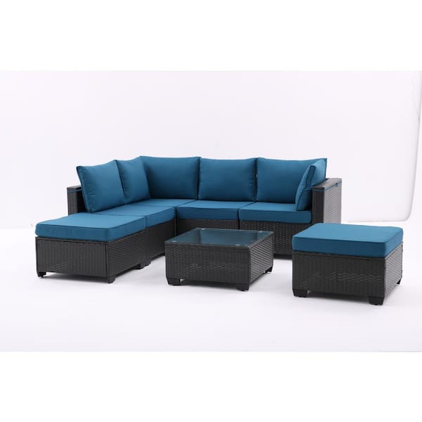 Unbranded Coffee 7-Piece Wicker Outdoor Sectional Set with Peacock Blue Cushions, Consisted of Corner Chairs, Ottomans and Table