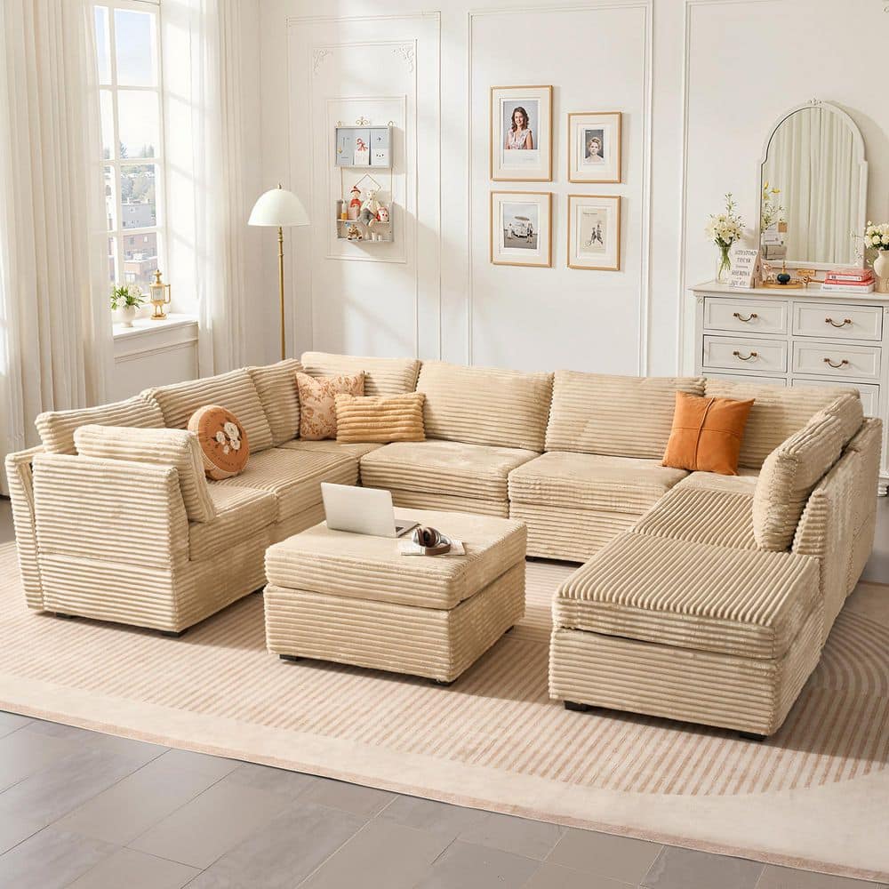 CUKE 127 in. Wide 9-Piece Modern Deep Seat Plush Corduroy U-Shape Modular Sectional Sofa Couch in Beige with Ottomans