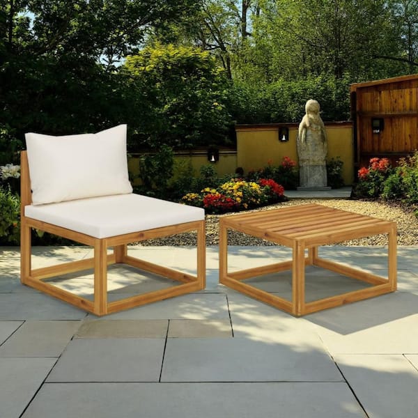 Brown 2-Piece Acacia Wood Outdoor Bistro Set with White Polyester Cushion