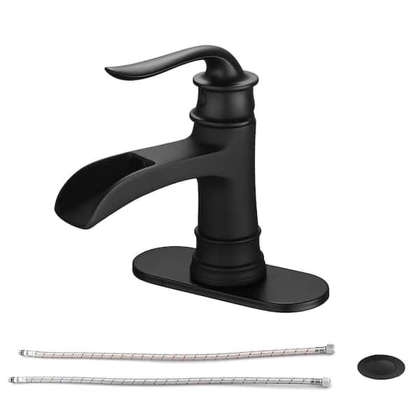 Unbranded Single Hole Single-Handle Bathroom Faucet With Pop-up Drain Assembly and Waterfall in Matte Black