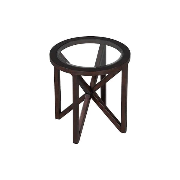 Tenleaf 22.13 in. Cherry Brown Small Round Solid Wood Base Transparent Glass Top Outdoor Coffee Table