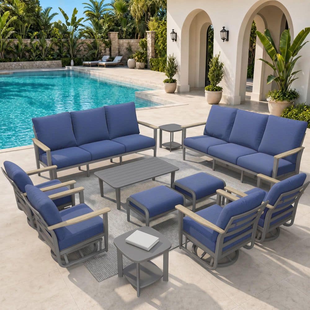 11-Piece Aluminum Patio Conversation Set with Navy Blue Olefin Cushions 5.1 In. Thick Swivel Rocking Chairs & Ottomans price history on PriceWatchPro