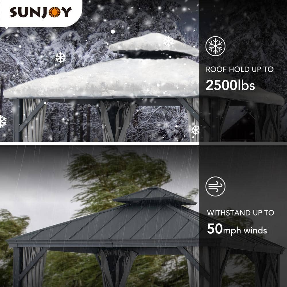 Sunjoy 10 ft. x 10 ft. Black Aluminum Frame Gazebo with Gray Curtains