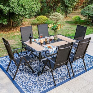 7-Piece Black Metal Patio Outdoor Dining Set with Geometric Rectangle Table and Black Folding Reclining Sling Chairs