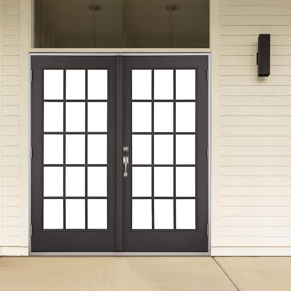 72 in. W. x 80 in. Black Right-Hand Outswing Fiberglass Full Lite LOE 15-Lite GBG Glass Hinged Patio Door