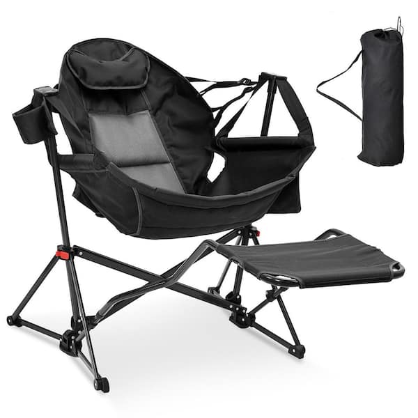 3 ft. Black Hammock Camping Chair with Footrest and Cup Holder Pillow, Foldable Portable Rocking Chairs for Adults