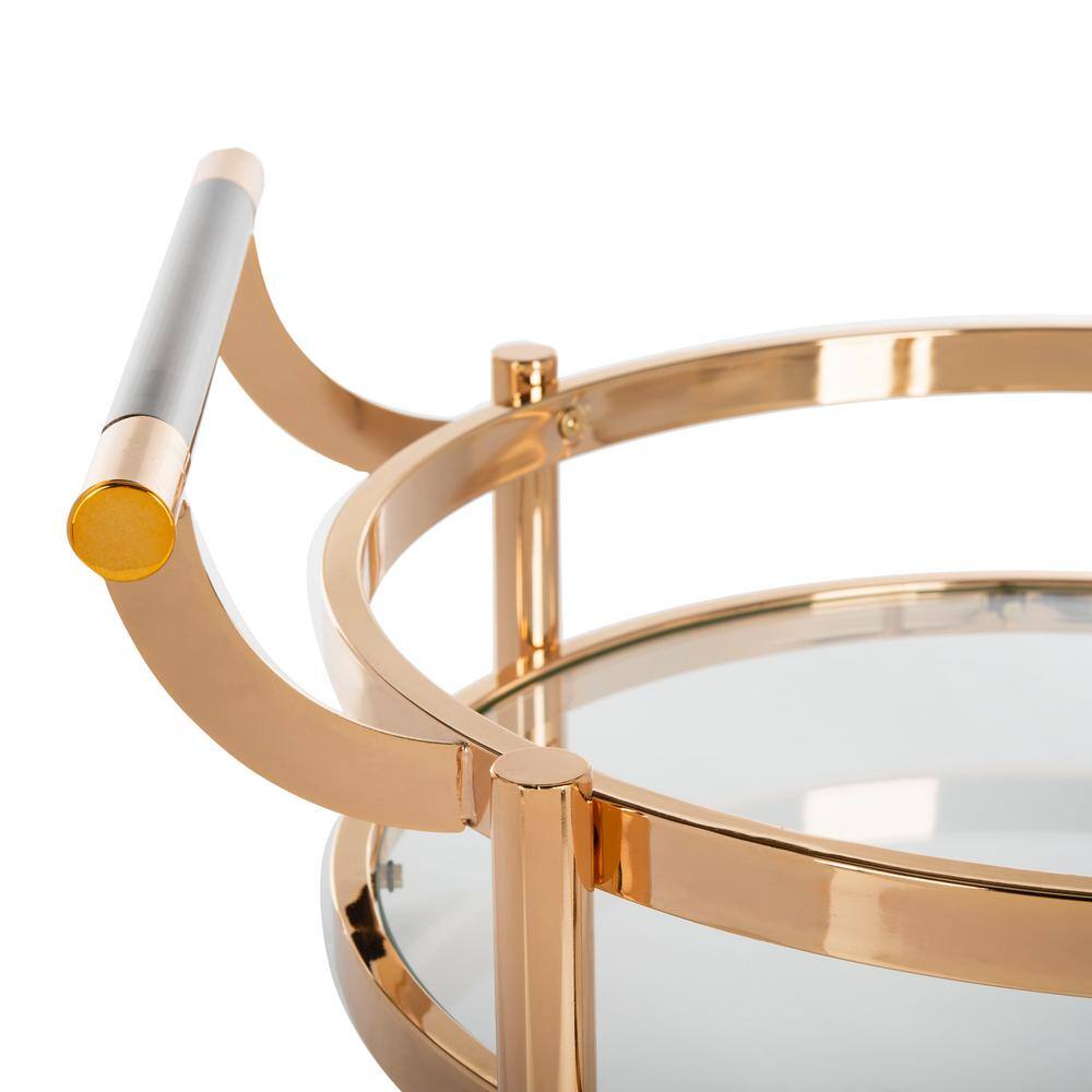 Transitional 24" Gold Metal and Glass Round Bar Cart with Wine Storage