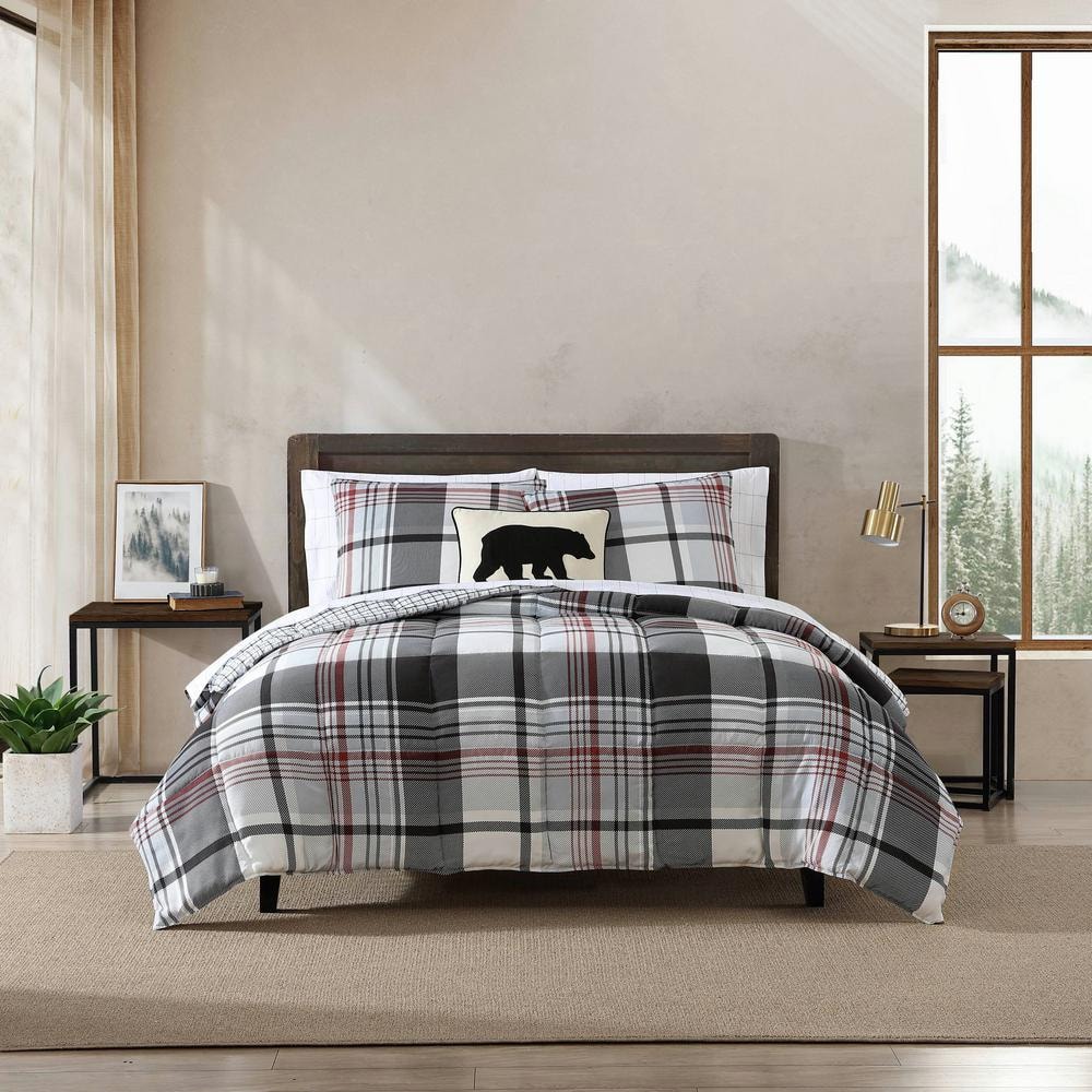 Eddie Bauer Normandy Plaid 3-Piece Black Microfiber Full/Queen Duvet Set