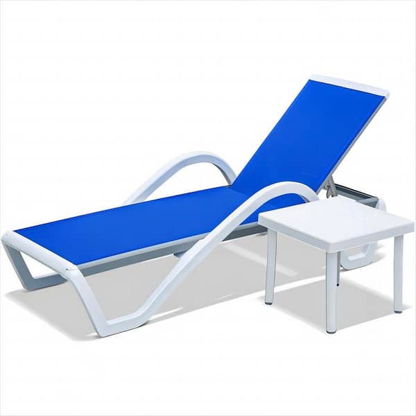 2 Pieces Blue Metal Outdoor Chaise Lounge, Adjustable Aluminum Pool Lounge Chairs with Table All Weather Pool Chairs