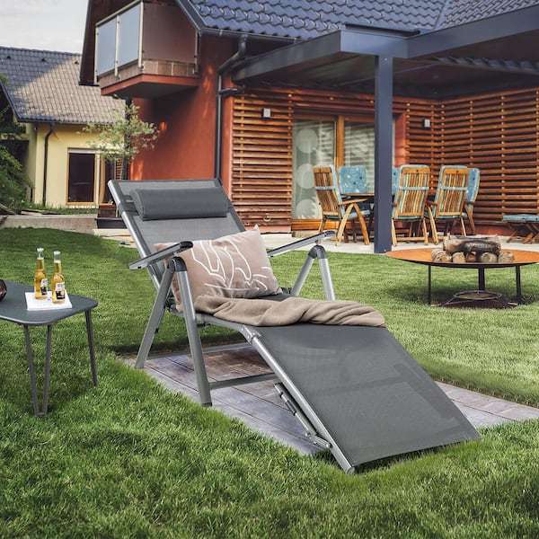 Patio Lounge Chair Rustproof Aluminum Folding Chaise w/ Adjustable Backrest and Footrest