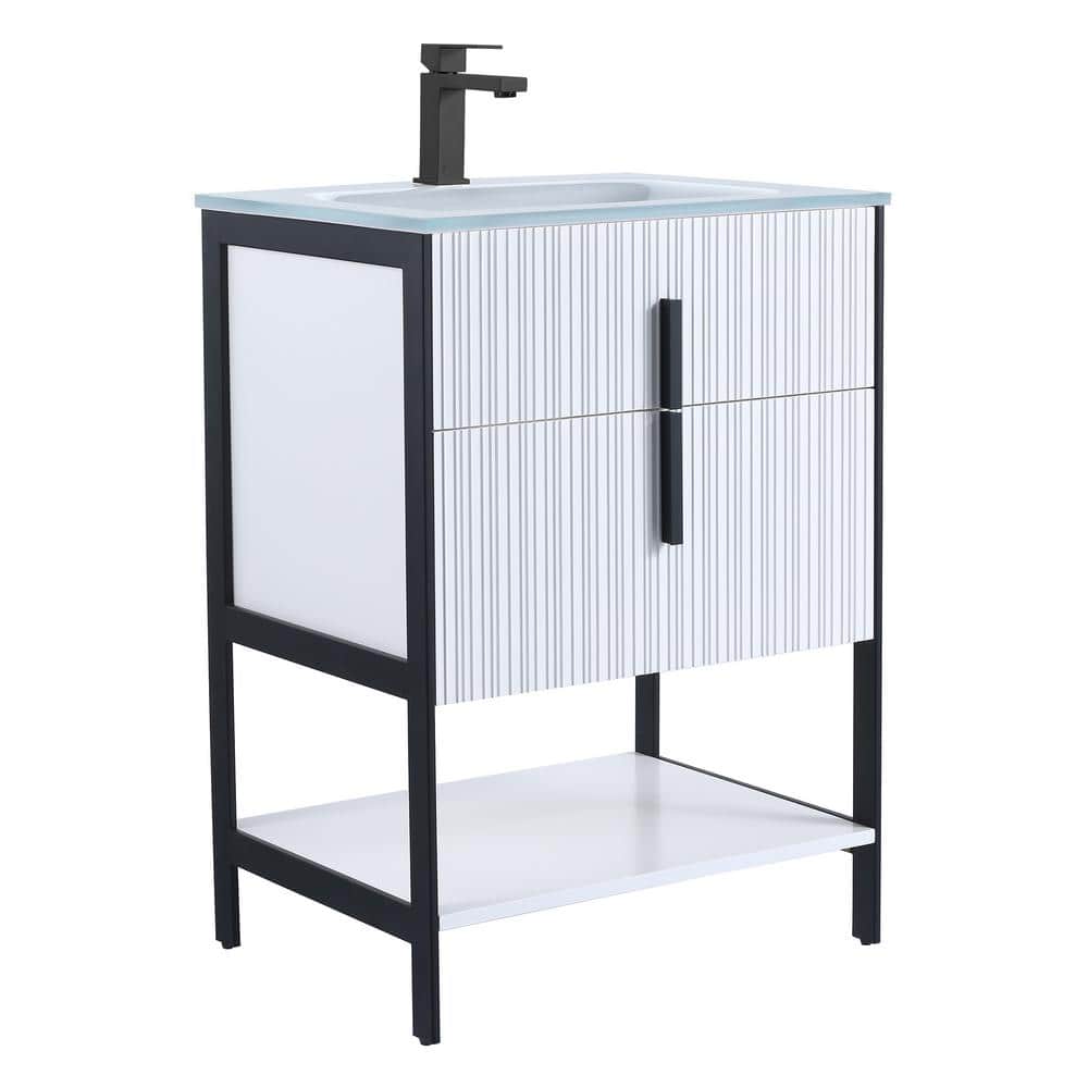 24 in. W x 18 in. D x 33.5 in. H Bath Vanity in White with White Glass Single Hole Top Sink with Black Hardware price history on PriceWatchPro