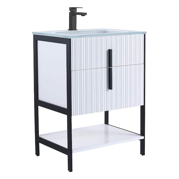 FINE FIXTURES 24 in. W x 18 in. D x 33.5 in. H Bath Vanity in White with White Glass Single Hole Top Sink with Black Hardware