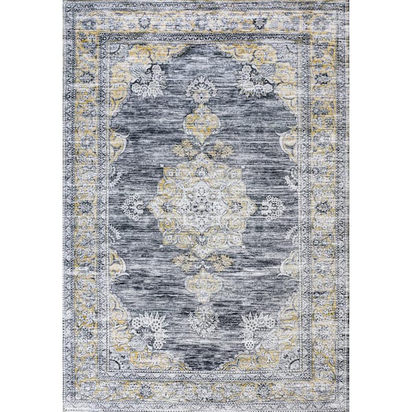 Bausch Bohemian Distressed Chenille Machine-Washable Dark Gray/Yellow 8 ft. x 10 ft. Area Rug