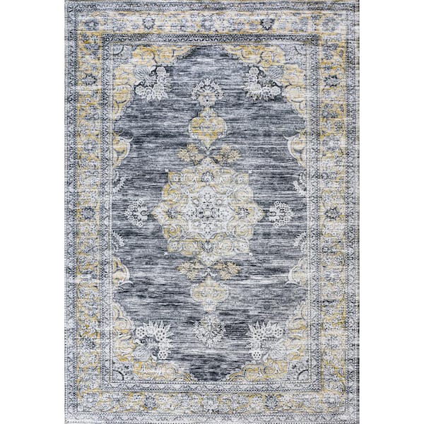 Jonathan Y Dark Gray/Yellow 8 ft. x 10 ft. Wincer Chenille Cottage Medallion Machine-Washable Area Rug