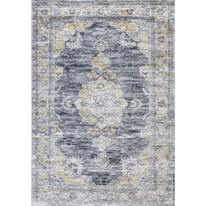 Dark Gray/Yellow 8 ft. x 10 ft. Bausch Bohemian Distressed Chenille Machine-Washable Area Rug