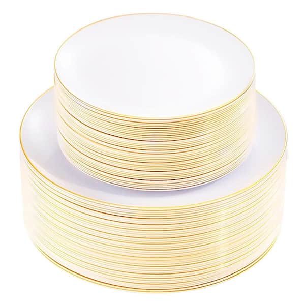 100-Pack Disposable White Plastic Plates with Gold Rim, 50 Dinner Plates and 50 Dessert Plates