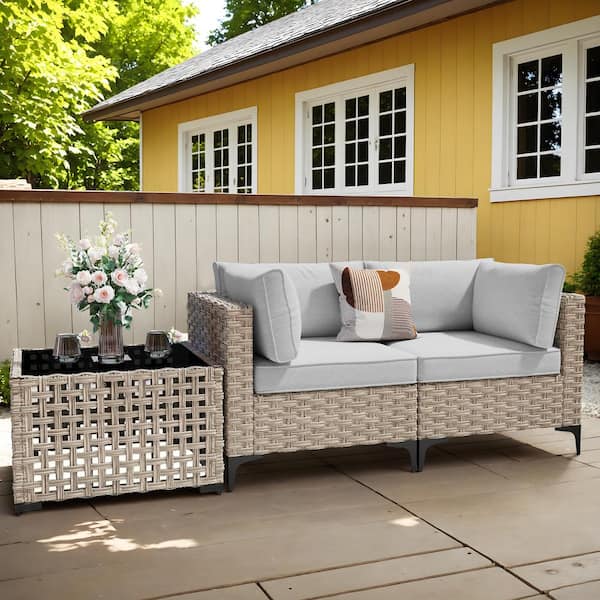 HOOOWOOO Holston 3-Piece Wicker Outdoor Patio Conversation Chair Loveseat Set with a Solar-LED Table and Light Grey Cushions