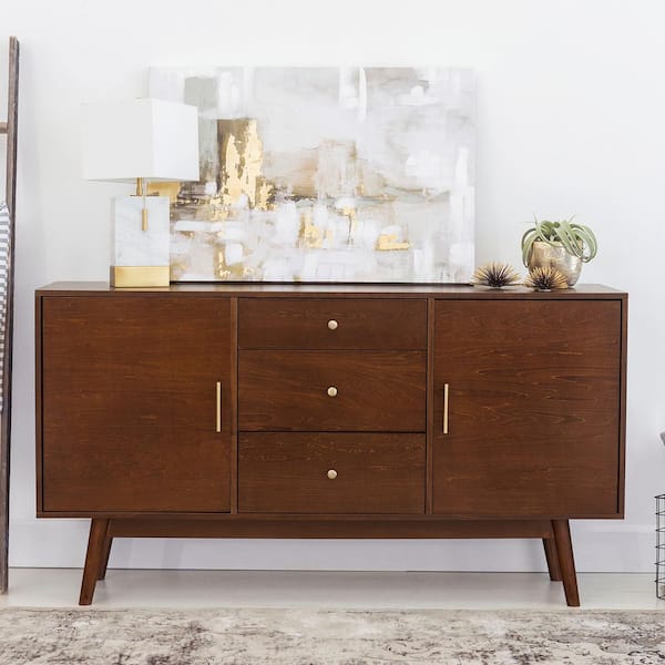 60 in. Mid-Century Modern Walnut Wood TV Stand with 3 Drawers and Doors (Max TV Size 65 in.)