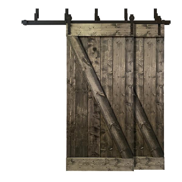 CALHOME 76 in. x 84 in. Z Bar Bypass Espresso Stained Solid Knotty Pine Wood Interior Double Sliding Barn Door with Hardware Kit