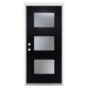 36 in. x 80 in. Right-Hand Inswing 3-Lite Frosted Glass Black Finished Fiberglass Prehung Front Door