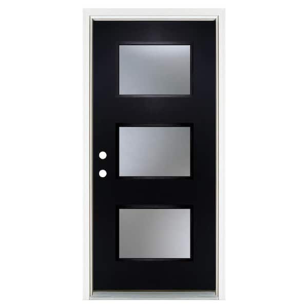 MP Doors 36 in. x 80 in. Right-Hand Inswing 3-Lite Frosted Glass Black Finished Fiberglass Prehung Front Door