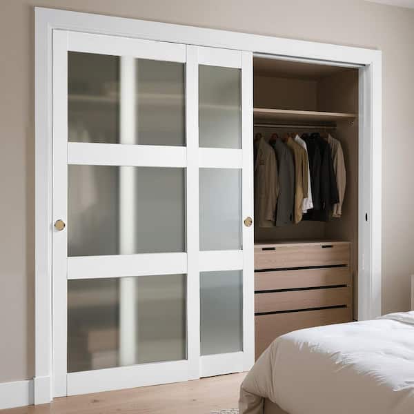 78.19 in. x 37 in. Sliding Closet Door, 3-Lite Frosted Glass Bypass Sliding Doors with Hardware Kit for Closets Bedrooms