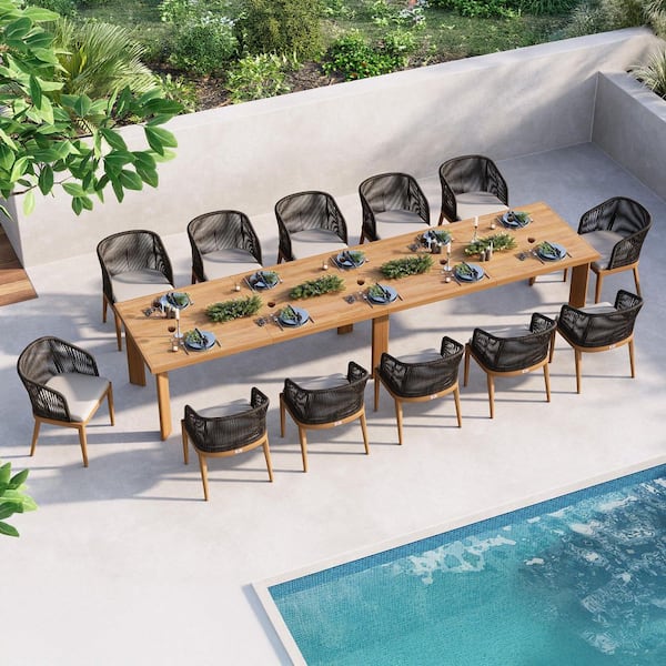 13-Piece Aluminum Wicker Dining Table and Armchairs Patio Outdoor Dining Set Teak Furniture Set with Cushions