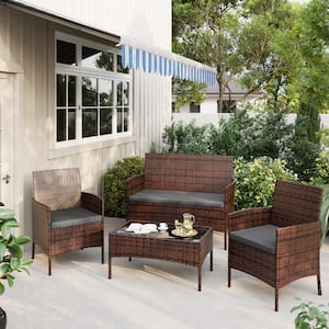 4-Piece Brown Wicker Patio Conversation Set with Gray Cushions and Coffee Table