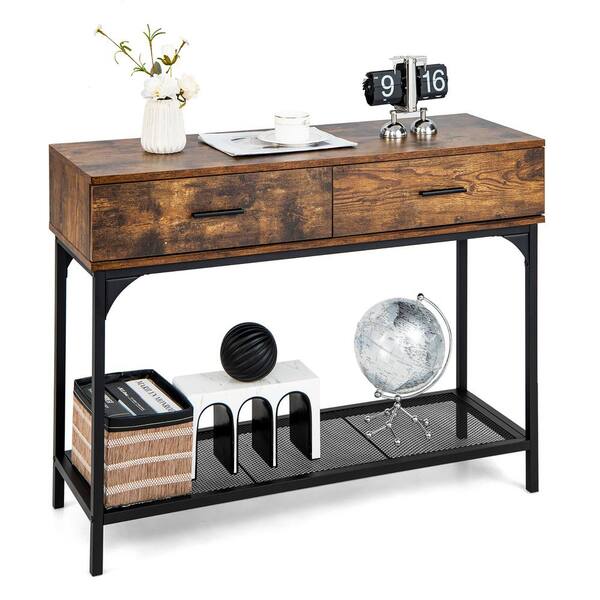 2 Drawers Industrial Console Table with Steel Frame for Small Space-Rustic Brown - 39.5 x 14 x 30 (L x W x H) - Rustic Brown