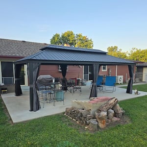 14 ft. x 24 ft. Gray Aluminum Power-Coated Frame Galvanized Steel Double Roof Hardtop Gazebo,Hooks, Netting,Gray Curtain