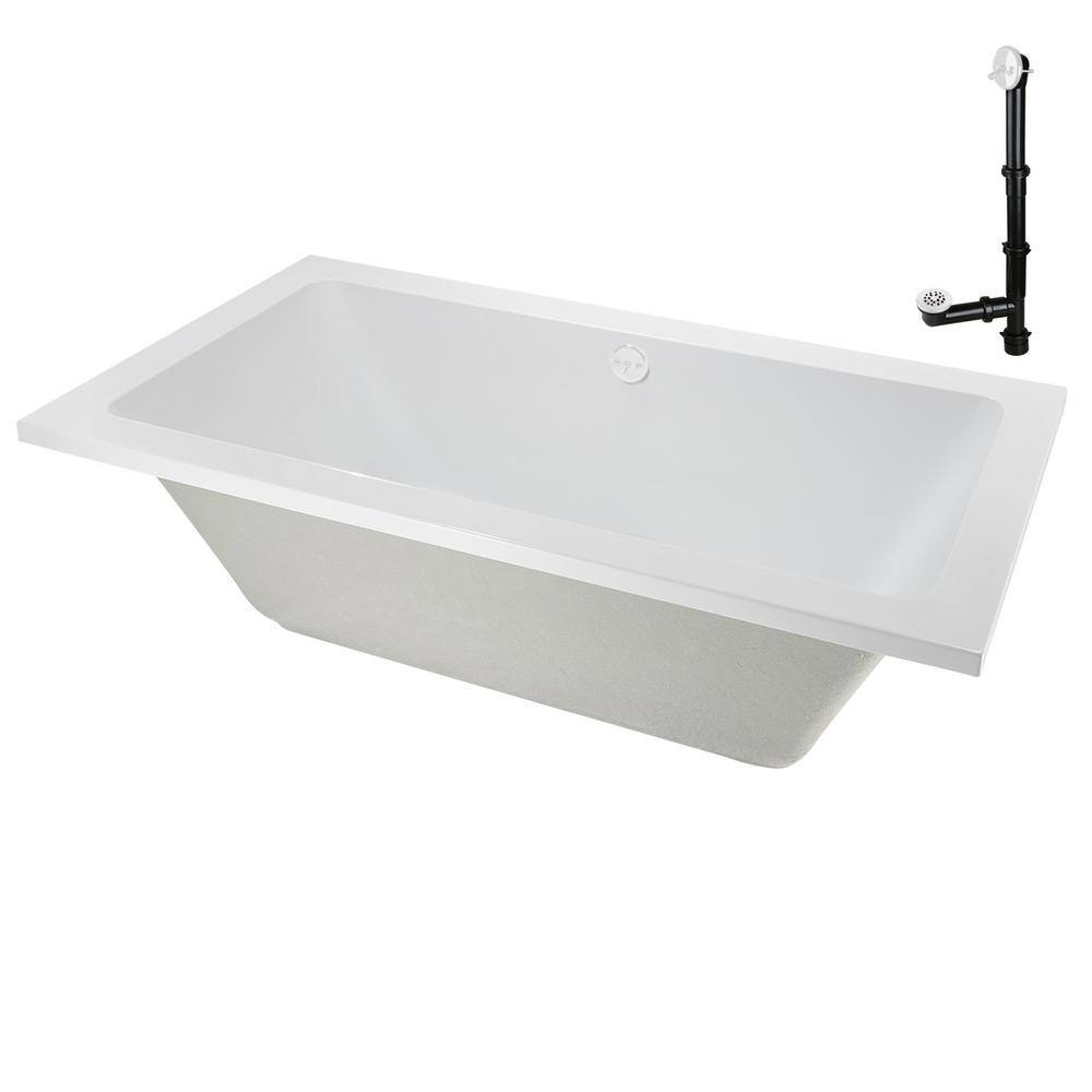 66-Inch Glossy White Acrylic Drop-In Soaking Bathtub with Center Drain