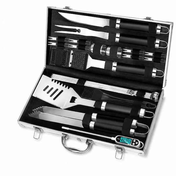Stainless Steel BBQ Grill Accessories Set Heavy Duty Utensils Kit with Apron Thermometer Mats Case 26 Piece