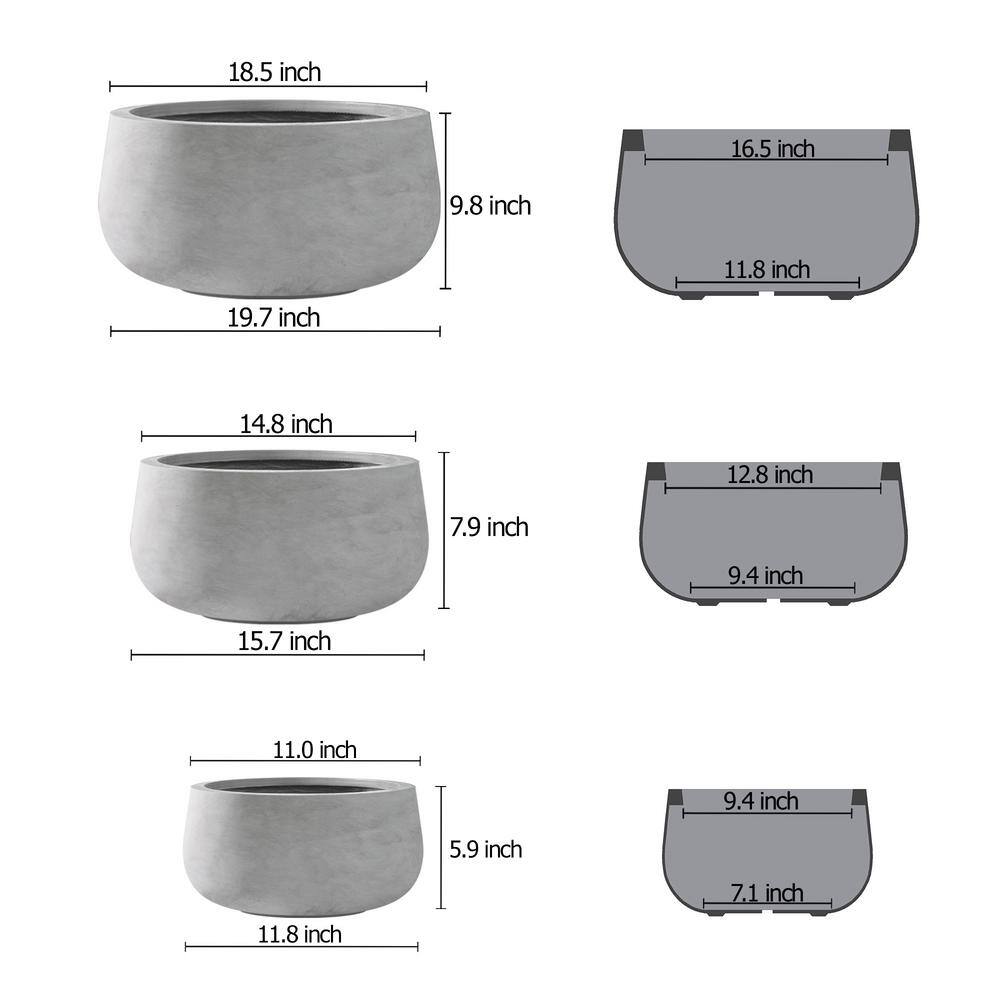 Set of 3 Round Gray Concrete Planters with Drainage